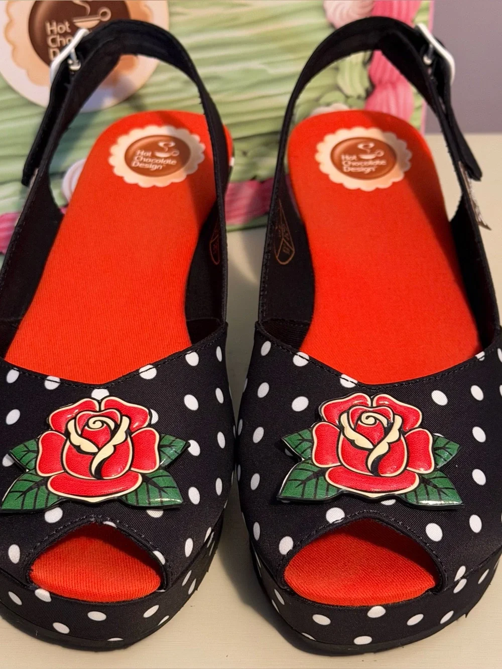 Hot Chocolate Design Rockabilly Rose Wedge Peep Toe Sandals Shoes Black Dot